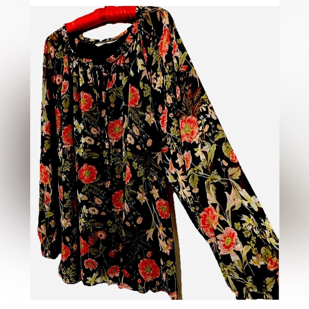 Lauren Conrad Top 2X Cute Black Floral Balloon Sleeve Boho Silky LC Shirt Blouse